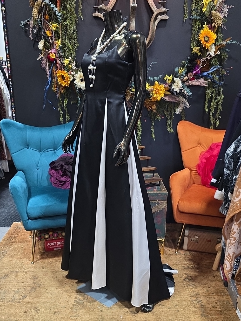 Designer Custom Made Black and White Panel Maxi Formal Dress